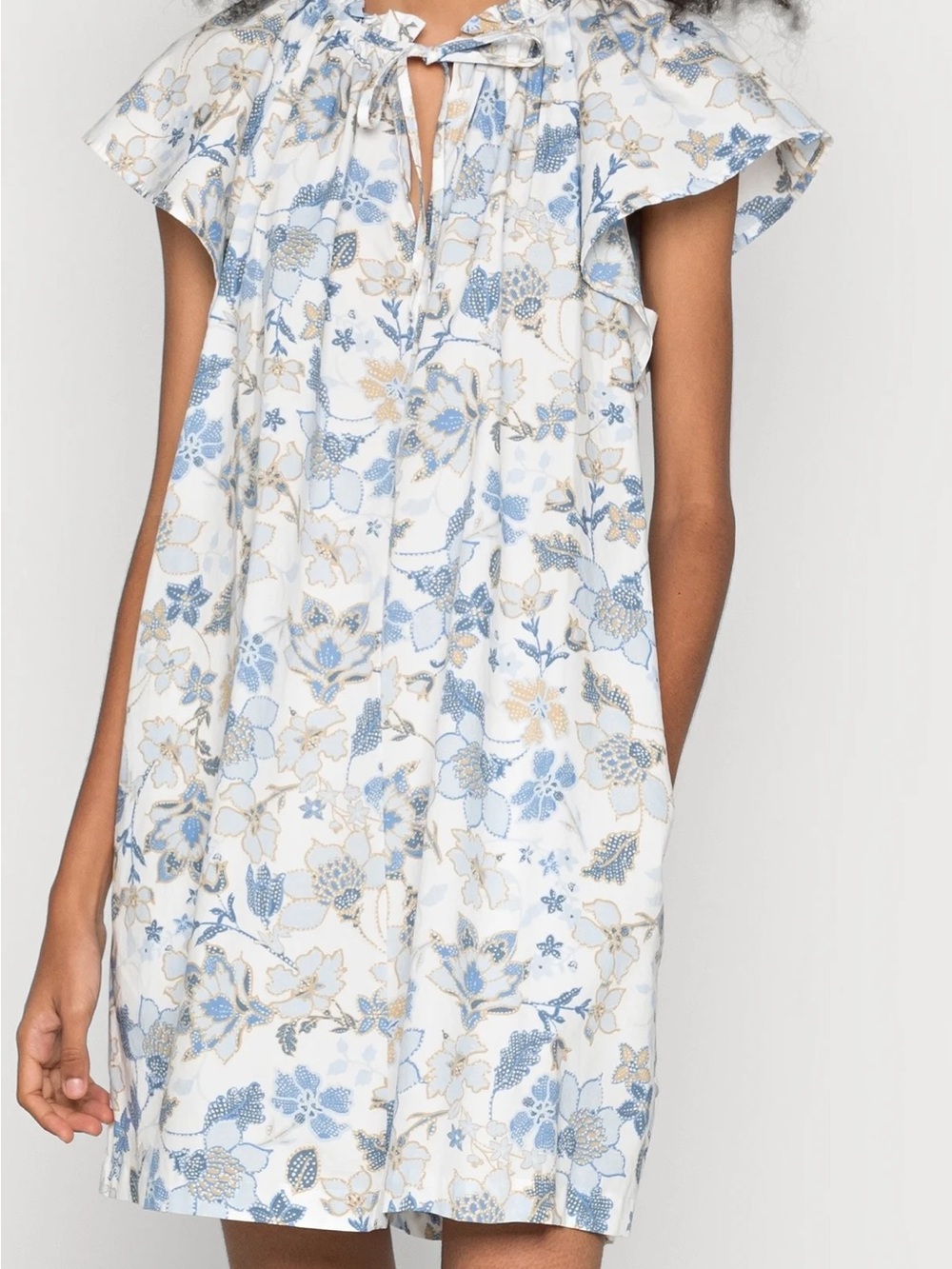 GAP WMNS L 100% Cotton Floral Ruffle Collar Flutter Sleeve Dress Blue & White